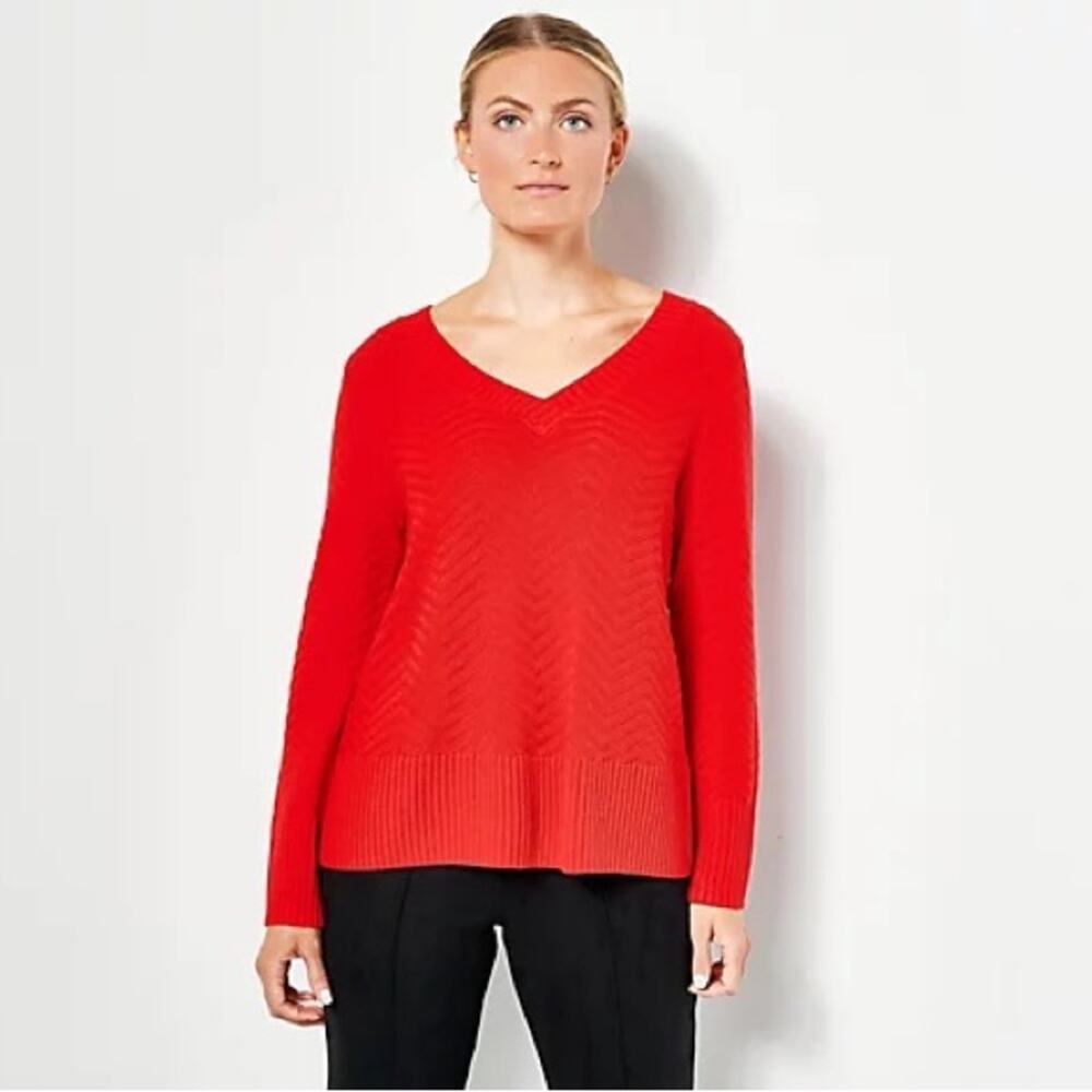 Jason Wu Bright Red‎ Chevron V Neck Sweater medium cotton long sleeve Christmas